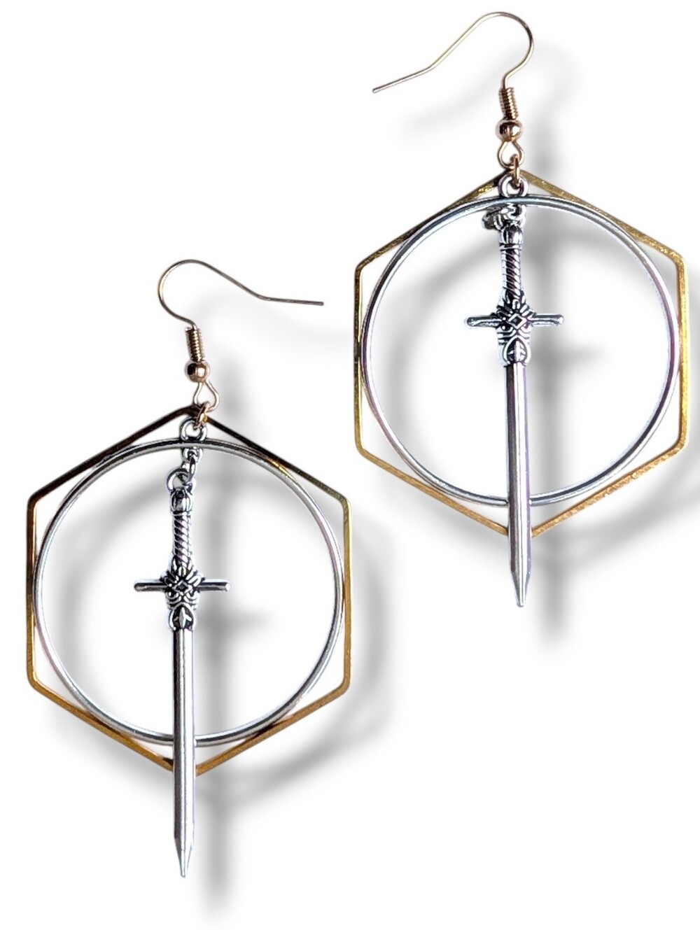 NWT Handmade Silver Sword Hoop And Gold Hexagon Layered Earrings